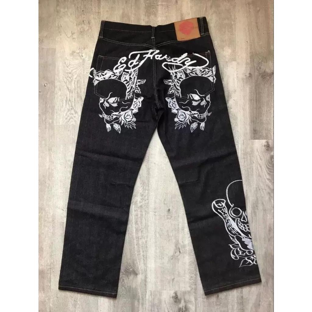 Мужские джинсы Ed Hardy с высокой посадкой, уличного стиля, с вышитой графикой и ретро хип-хоп дизайном