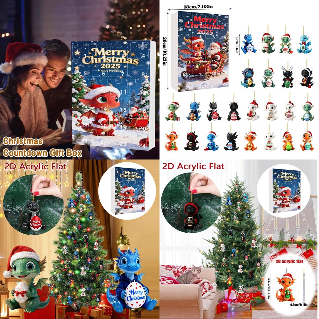 Рождественский календарь обратного отсчета с милыми ornaments-малышами драконами для праздничного декора