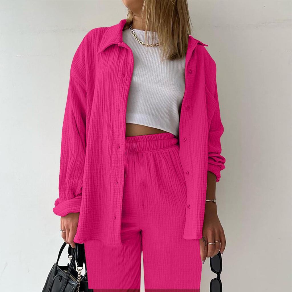 Wrinkled Fabric Women Long Sleeve Shirt Collar Button Down Shirt High Waist Drawstring Shorts Plus Size Casual Two Piece Set