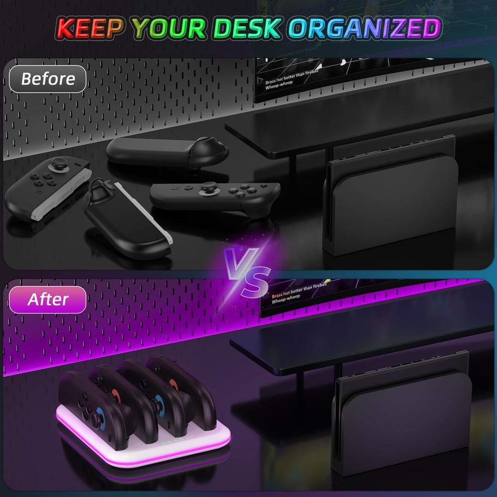 JOYTORN Switch 2 Controller Charging Fast Charging Dock for Nintendo Switch 2 RGB Lighting Magnetic Controller Charging Stand Station Dock, 4-in-1