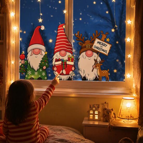 Christmas Home Decor Gnome Static Window Sticker, PVC Waterproof Clings, Cartoon Glass Stickers Decals, Cute Faceless Dwarf for Store Holiday