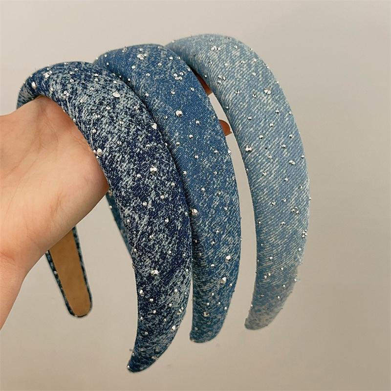 Модные женские и девичьи джинсовые повязки на голову с губчатой подкладкой шириной 3 см со стразами, мягкие повязки для волос