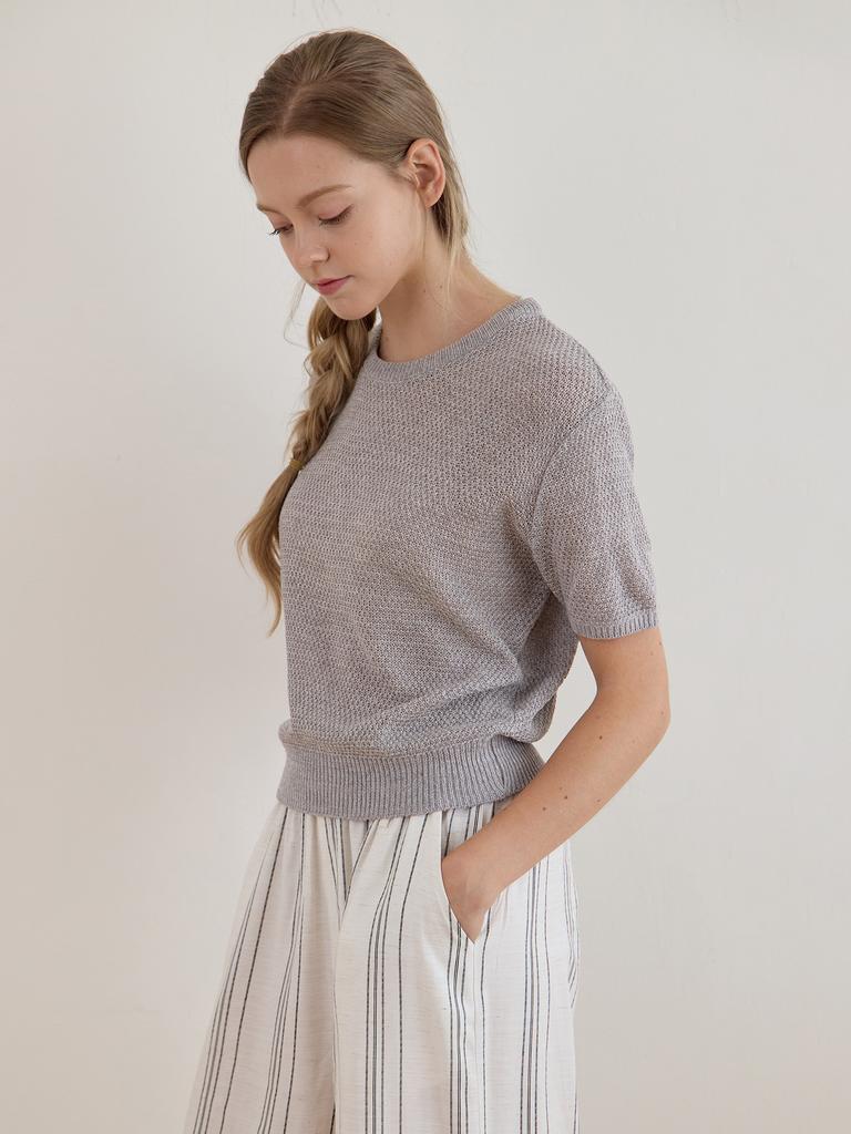 LE STUDIO Rounded Neck Waffle Short Sleeve Knit Gray