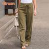 Women Polyester Cotton Pants Autumn Casual Solid Elastic Waist Straight Trousers Loose Long Pants Wide Leg Trousers