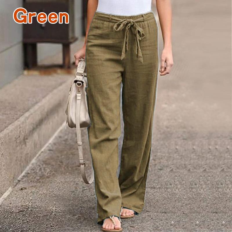 Women Polyester Cotton Pants Autumn Casual Solid Elastic Waist Straight Trousers Loose Long Pants Wide Leg Trousers