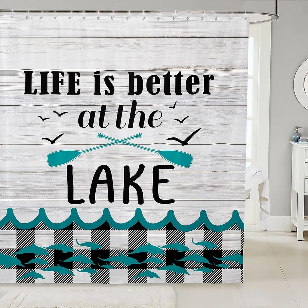 Lake Paddle Bath Curtain Country Lake Life Decor Bathroom Accessories for Adults Women,Checked Plaid Ocean Waves Shower Curtain