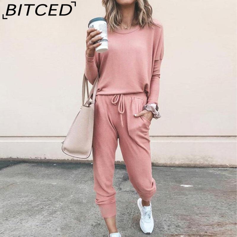 BITCED Весенне-осенний женский свободный однотонный повседневный костюм с длинными рукавами и длинными брюками