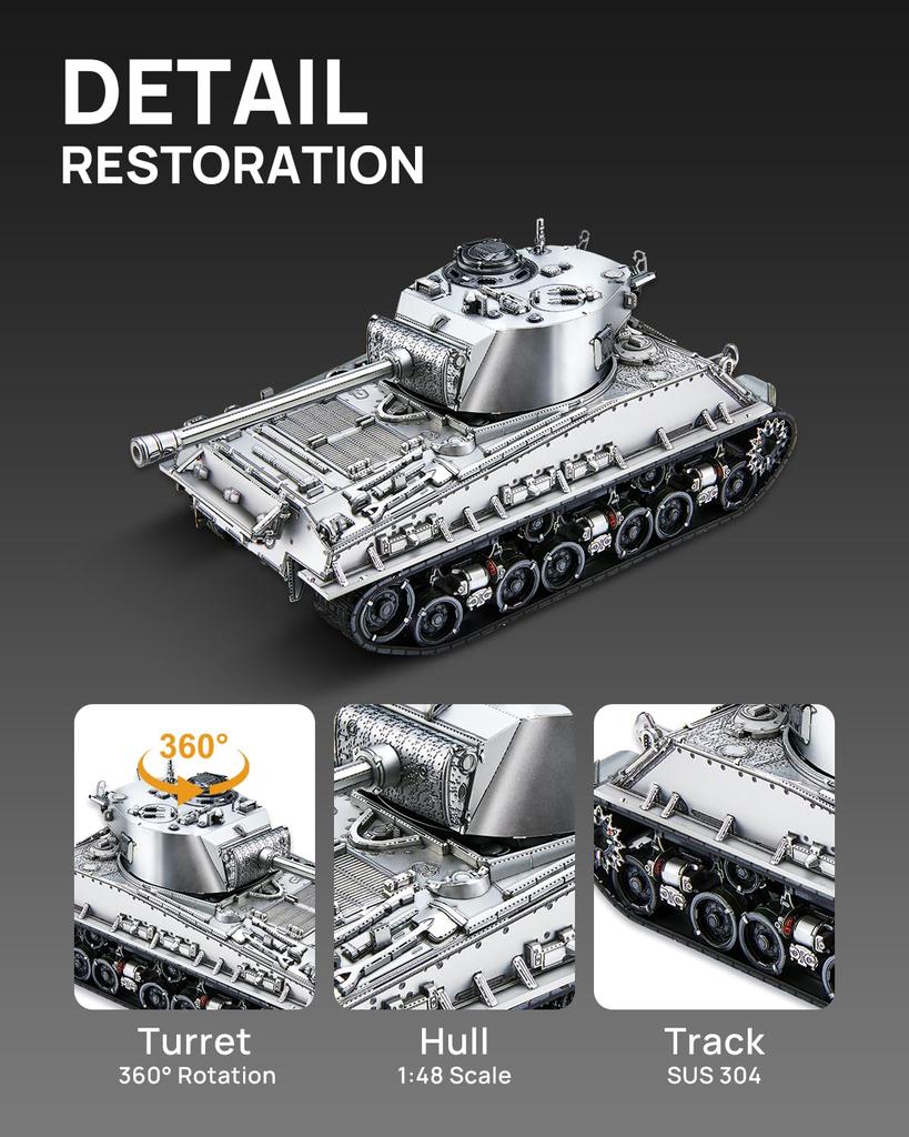 3D-пазл Piececool Средний танк M4 Sherman, сборка без клея, сложность 4 звезды, подходит для взрослых, коллекционный (металл) - Обязательно, - Уровень