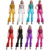 Womens Disco Jumpsuit Shiny Sequins Sleeveless Bell Bottom Design Rhinestone O-Ring Accents for 70s Theme Parties