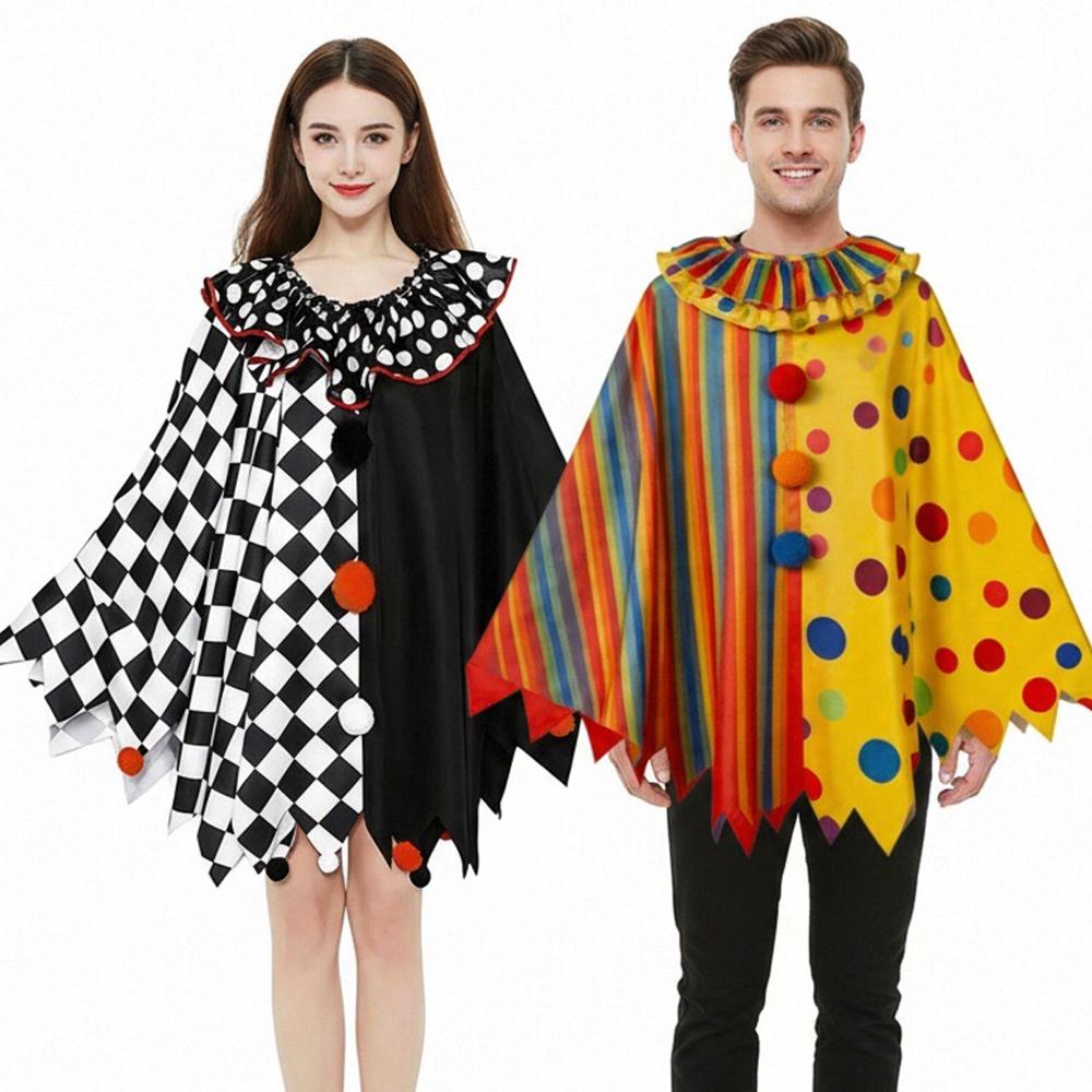 Clown Cosplay Costume Cloak Color-blocked Polka-dot Diamond Fun Joker Cape Ruffled Collar Cheerful Theme Party Halloween Set