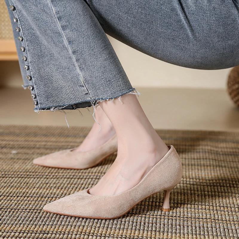 Модные туфли с острым носком на высоком каблуке для женщин Модные новые замшевые туфли-лодочки для работы на открытом воздухе Женская обувь для вечеринок Zapatos Tacon Bajo Mujeres