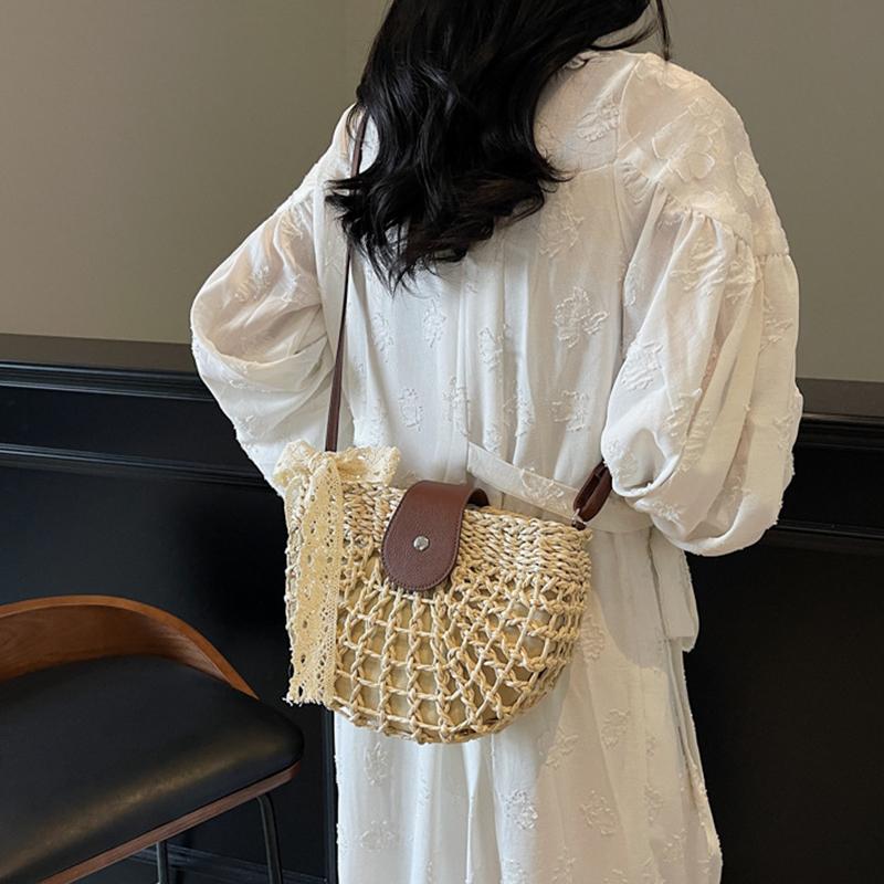 Летняя соломенная сумка для женщин, модная полукруглая сумка кроссбоди, плетеная вручную из ротанга, сумка-мессенджер, дорожная пляжная сумка KTB