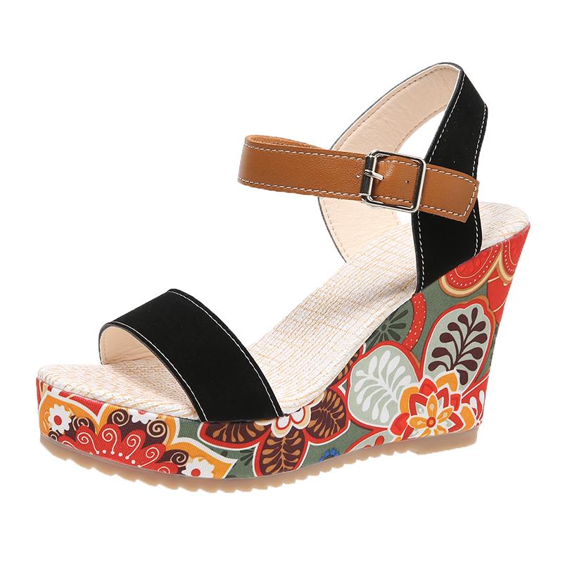Модные сандалии женские с открытым носком с цветочным принтом босоножки на танкетке с ремешком на пятке с этническим принтом туфли на платформе женские сандалии с пряжкой на щиколотке