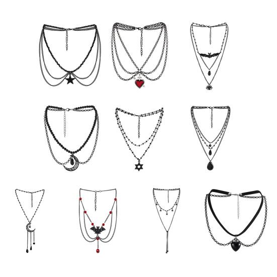 Готическое ожерелье женское ожерелье на Хэллоуин кулон в виде черной луны с многослойными металлическими цепочками бусинами ожерелье-чокер с летучей мышью для костюма для косплея