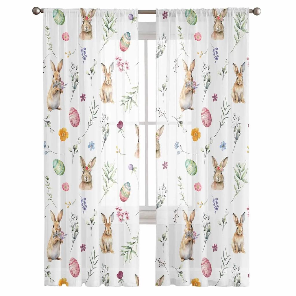 Пасхальные яйца, кролик, весенние цветы, прозрачные шторы для гостиной, кухни, оконные шторы, тюлевые занавески для спальни, вуали