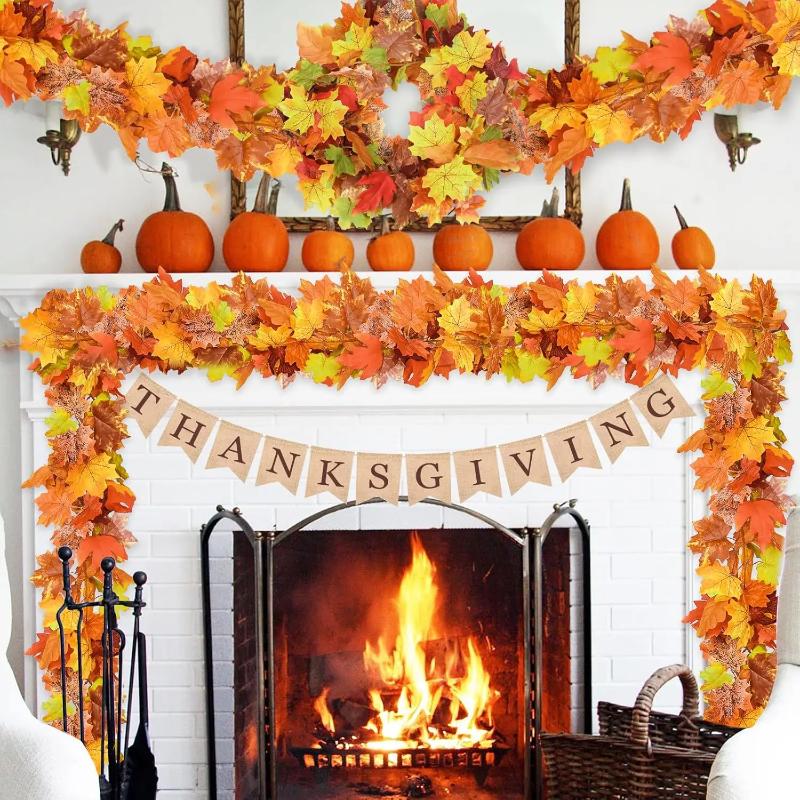Artificial Maple Leaf Garland - Realistic Autumn Red, Orange, Yellow-Green Colors - Plastic Fall Vine Strips for Wedding Decor
