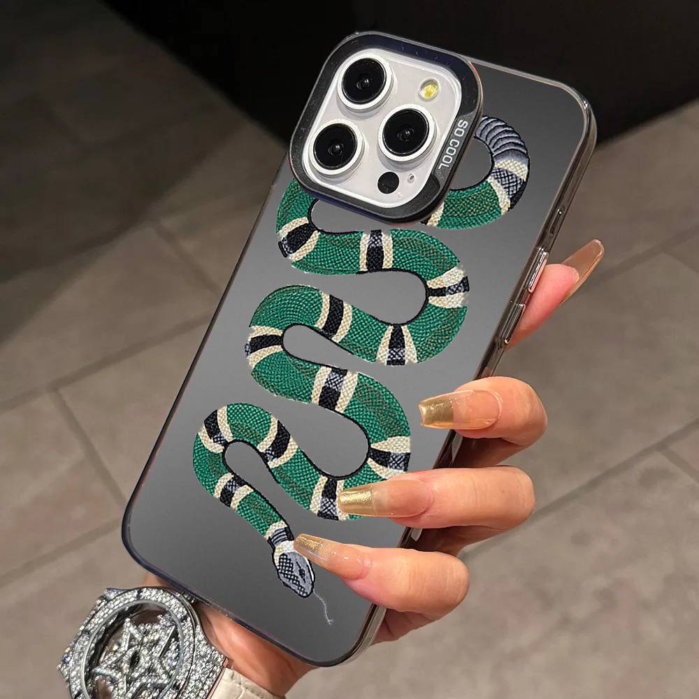 Stylish Black S-Snake Print Phone Case For iPhone 17,16,15,14,13,12,11 Plus,Pro Max,XS,Colored Silver Plated Inside Cover