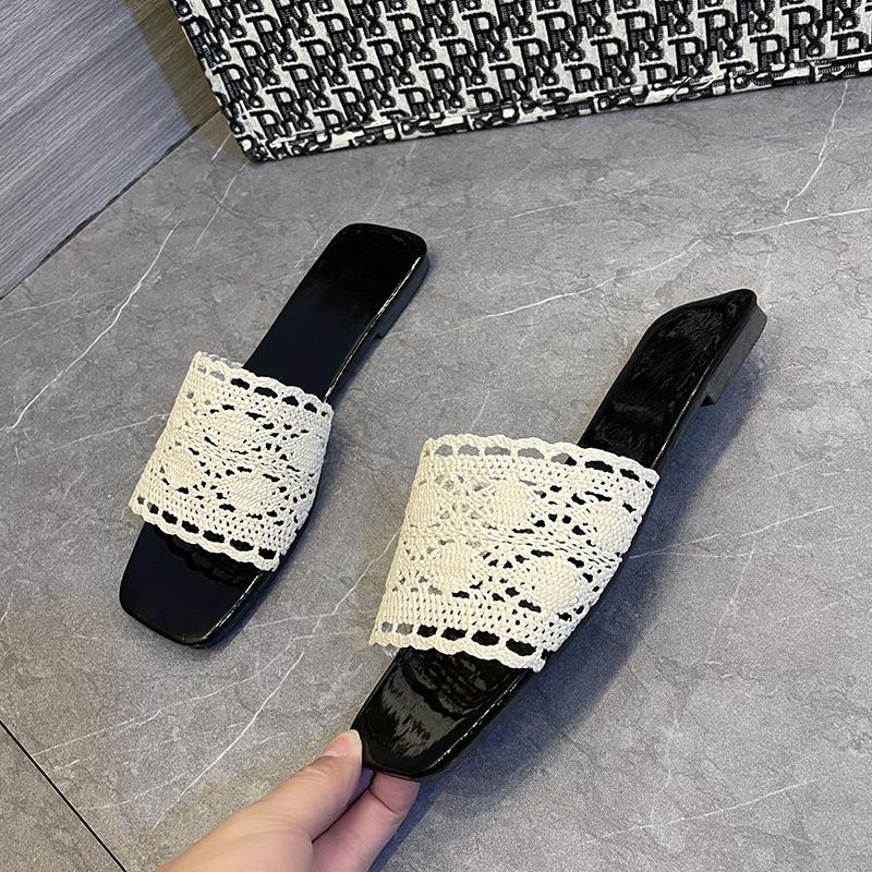 Summer Women's Flat Shoes Fashion Woven Rhinestone Bling Open Toe Ladies Slippers Outdoor Wear Handmade Beach Slides for Woman43