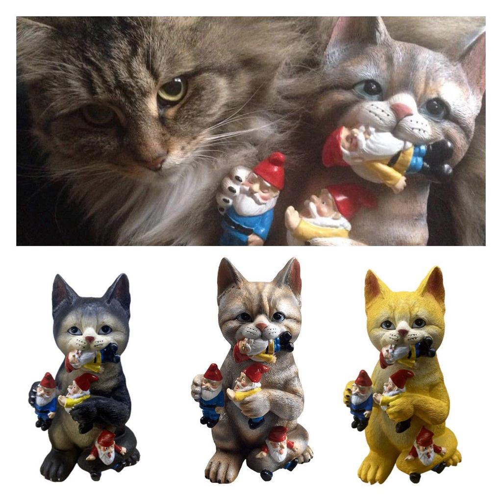 Enchanting Resin Garden Statue Of Cat Eating Dwarf Nordic Hand Painted