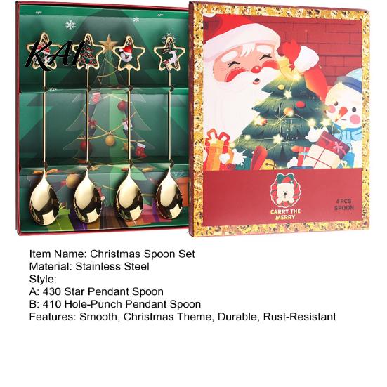 Kitchen Gadgets for Parties 4Pcs Christmas Stainless Steel Spoons, Coffee Stirring Xmas Dessert Teaspoons Serving Spoons with Gift Box, Holiday