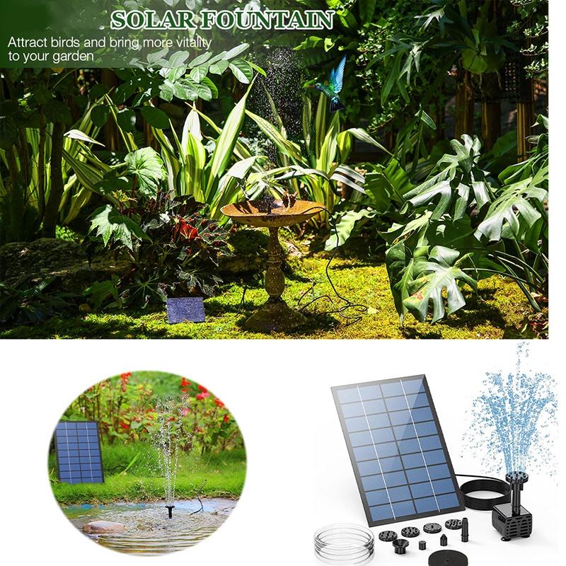 2.5W Solar Fountain Pump with 6Nozzles and 4ft Water Pipe Solar Powered Pump for Bird Bath Pond Garden Tool
