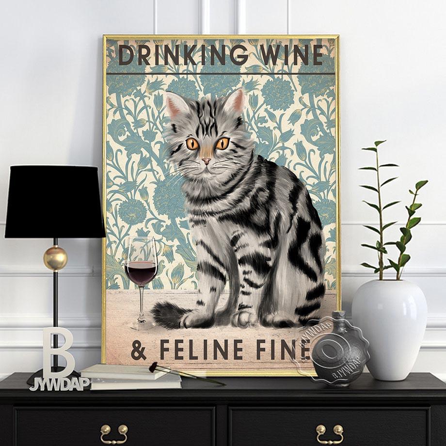 Cat Floral Leaf Wine Prints Poster, Animals Plant Art Canvas Painting, Vintage Cute Funy Home Restaurant Bedroom Kids Room Decor Gift No Frame