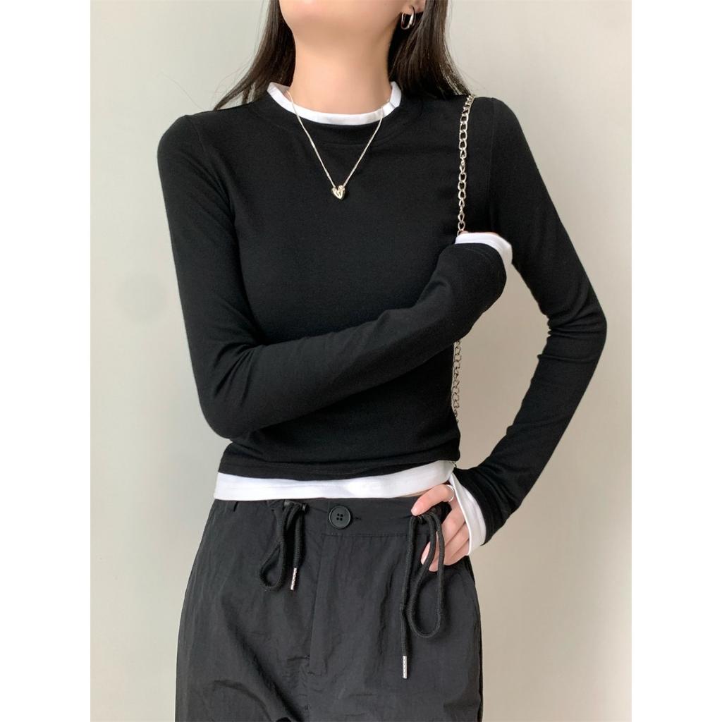 Женская футболка Design Sense Fake Two Slim Fit с длинными рукавами, осенний универсальный пуловер с круглым вырезом.