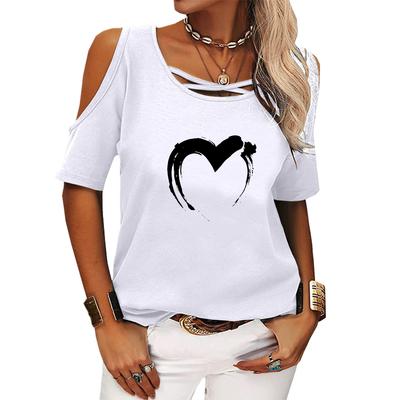 Женская модная футболка с открытыми плечами, женская повседневная футболка с принтом и круглым вырезом, летняя футболка с коротким рукавом