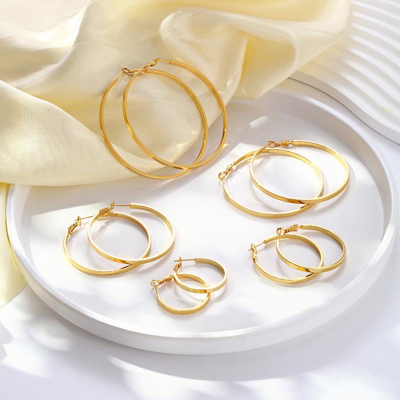 Golden Large Hoop Earrings Trendy Luxury 14K Gold Plated Copper Alloy Women's Polished Geometric Hoops