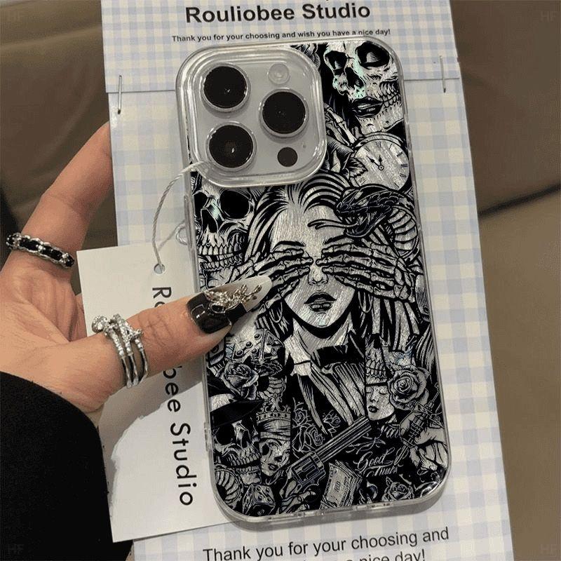 Pink Purple Skull Feather Gauze Phone Case For 16 15 14 13 12 11 iPhone Air 17 Pro Max 16e Shockproof Hard Cover