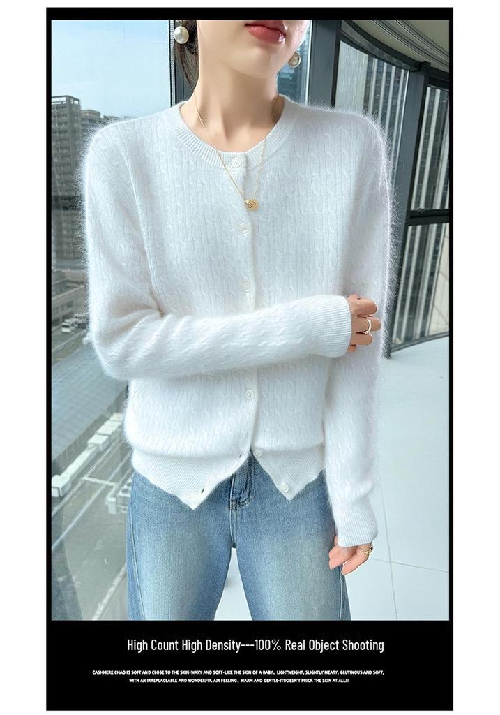 Women's Retro Cable Knit Mink Velvet Cardigan - Round Neck, Long Sleeve, Loose Fit, Short Sweater Coat