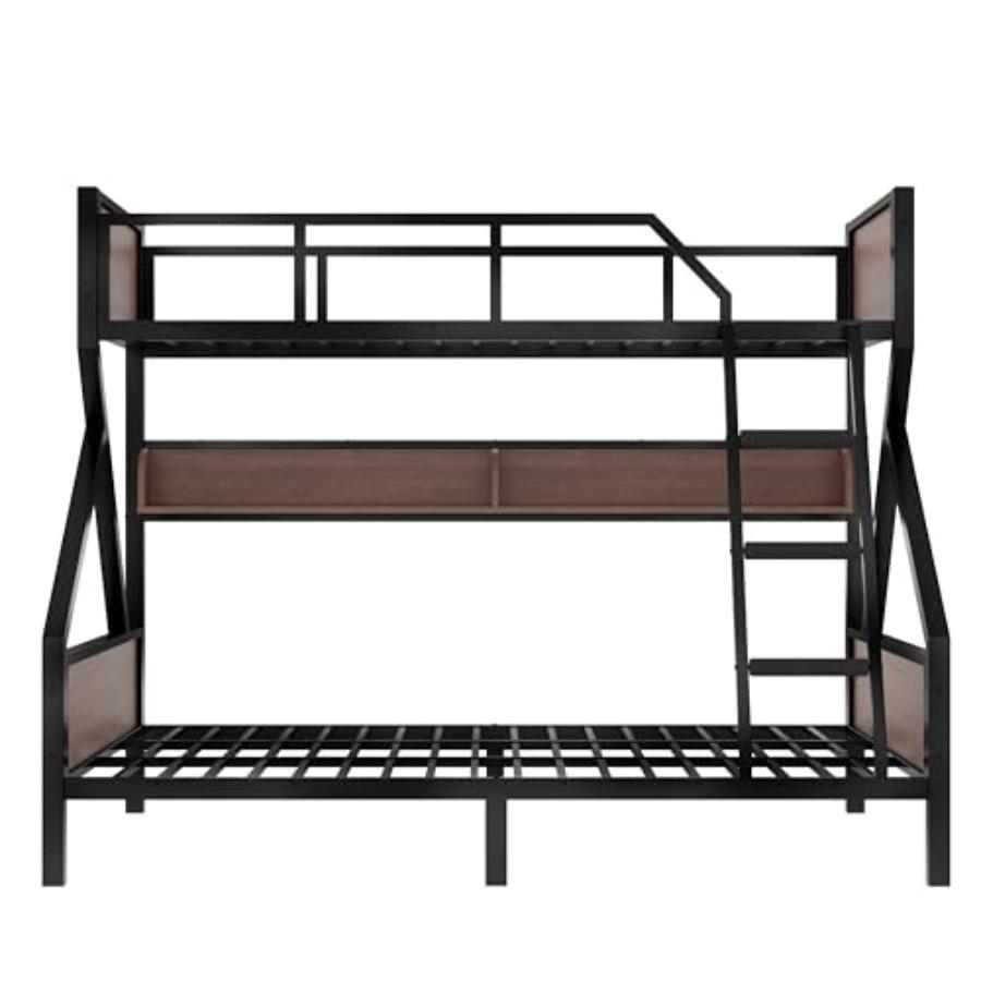 Двухъярусная кровать Twin XL над Queen с полками для хранения, Черный металлический двухъярусный каркас Twin для подростков и взрослых, Компактный дизайн для