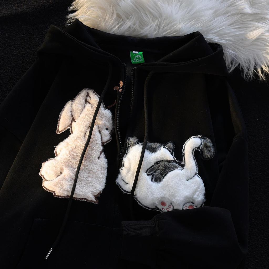 Американская винтажная мультяшная вышитая толстовка с капюшоном и короткими рукавами - Свободный крой для весны и осени