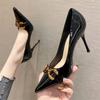 Korean Style Horsebit Buckle Pumps Women's Elegant Pointed Stiletto Heel Large Size High Heels Shallow Mouth Patent Leather Professional Women's Shoe