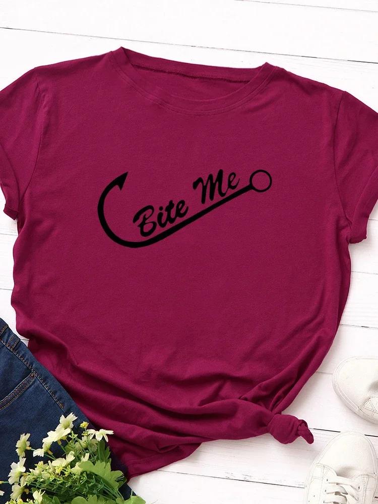 Укуси меня Принт Рыболовный Крючок Женская Футболка Короткий Рукав Круглый Вырез Свободная Женская Футболка Женская Футболка Топы Одежда Camisetas Mujer