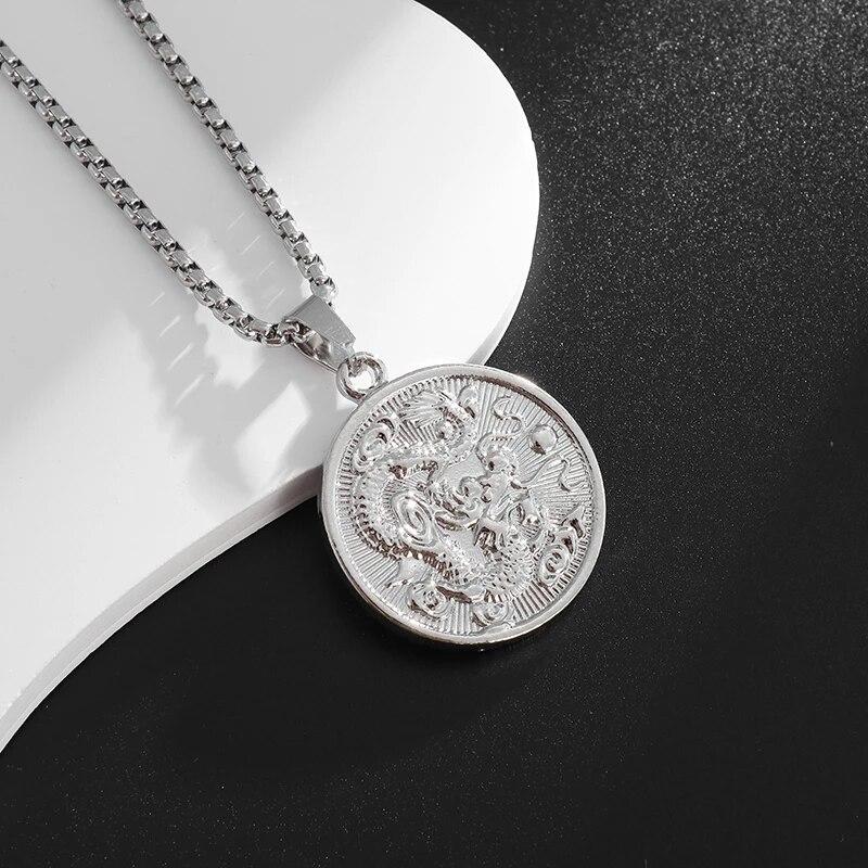 Retro Ethnic Chinese Zodiac Dragon Pendant Gold Color Necklace Men and Women Punk Style Jewelry Gift