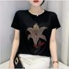 Spring and Summer Black T-shirt for Women, Middle-aged and Elderly Round Neck Mother Wear Simple Iron Diamond Large-size Short-sleeved Shirt
