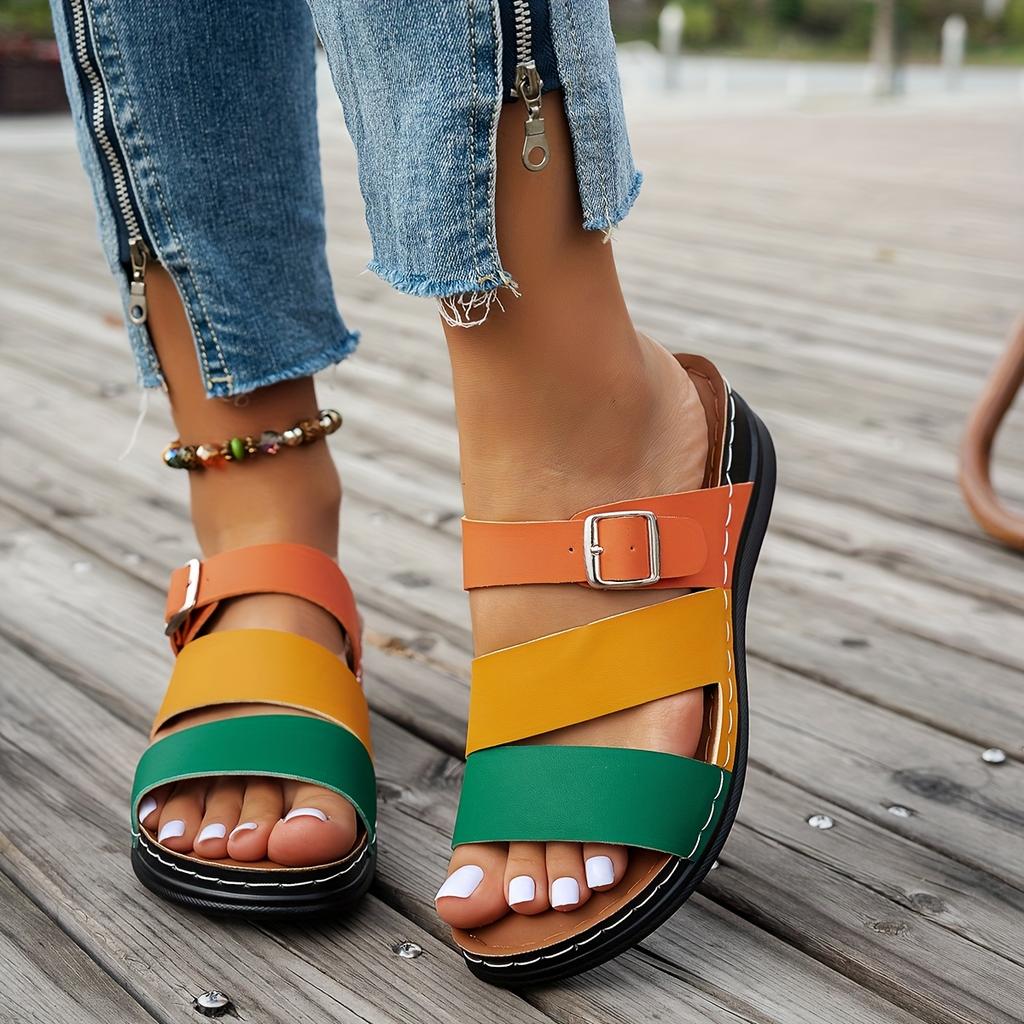 Ladies' Classic Slope Heel Sandals - Comfortable, Lightweight, Set On Style, Open Toe Design, Color Blocked Belt Buckle, Simple Slippers