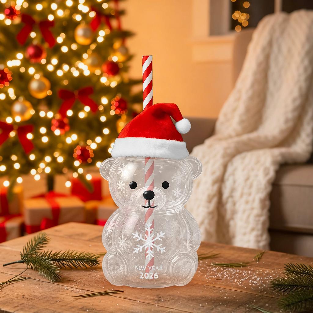 Кружка с соломинкой из стекла в форме медведя: Милый прозрачный дизайн, зеленая шляпа, стакан для воды