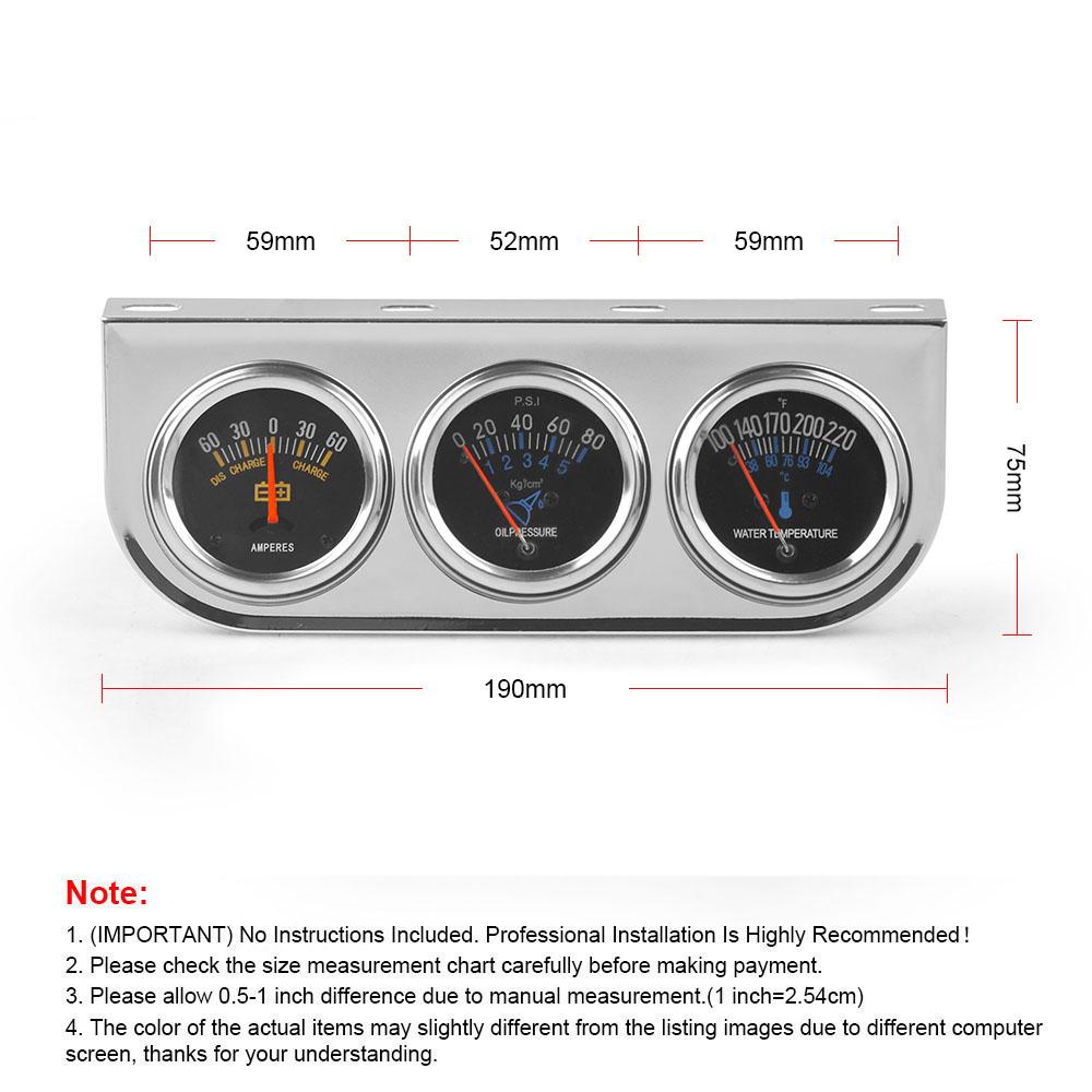 LODENQC 2" 52MM 3 In 1 AMP meter Oil pressure Water temp gauge Chrome Universal Triple gauge Kit Car Meter LC101015