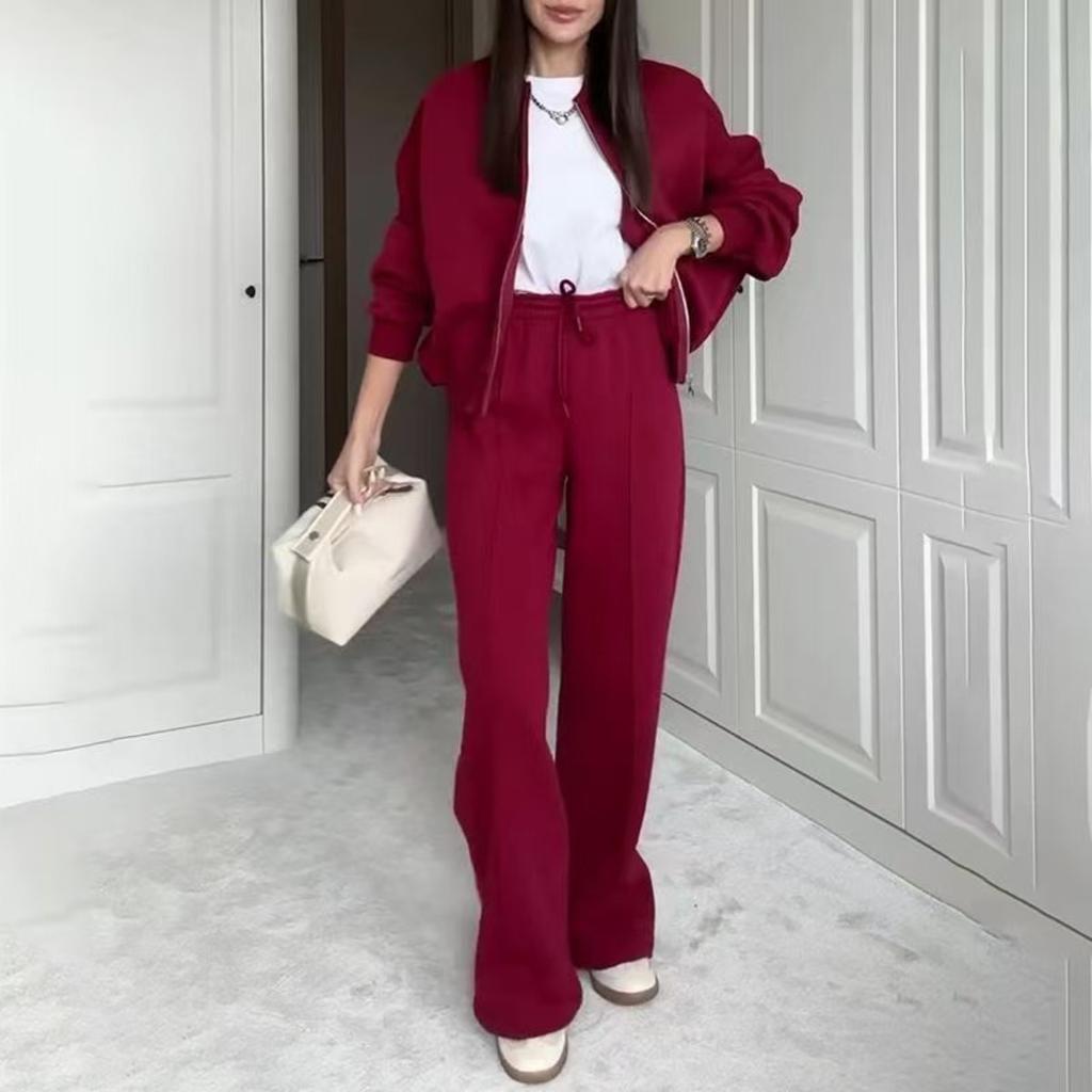 Autumn Solid Color Zipper Casual Sports Long Sleeved Top with Drawstring Casual Pants Two-piece Set
