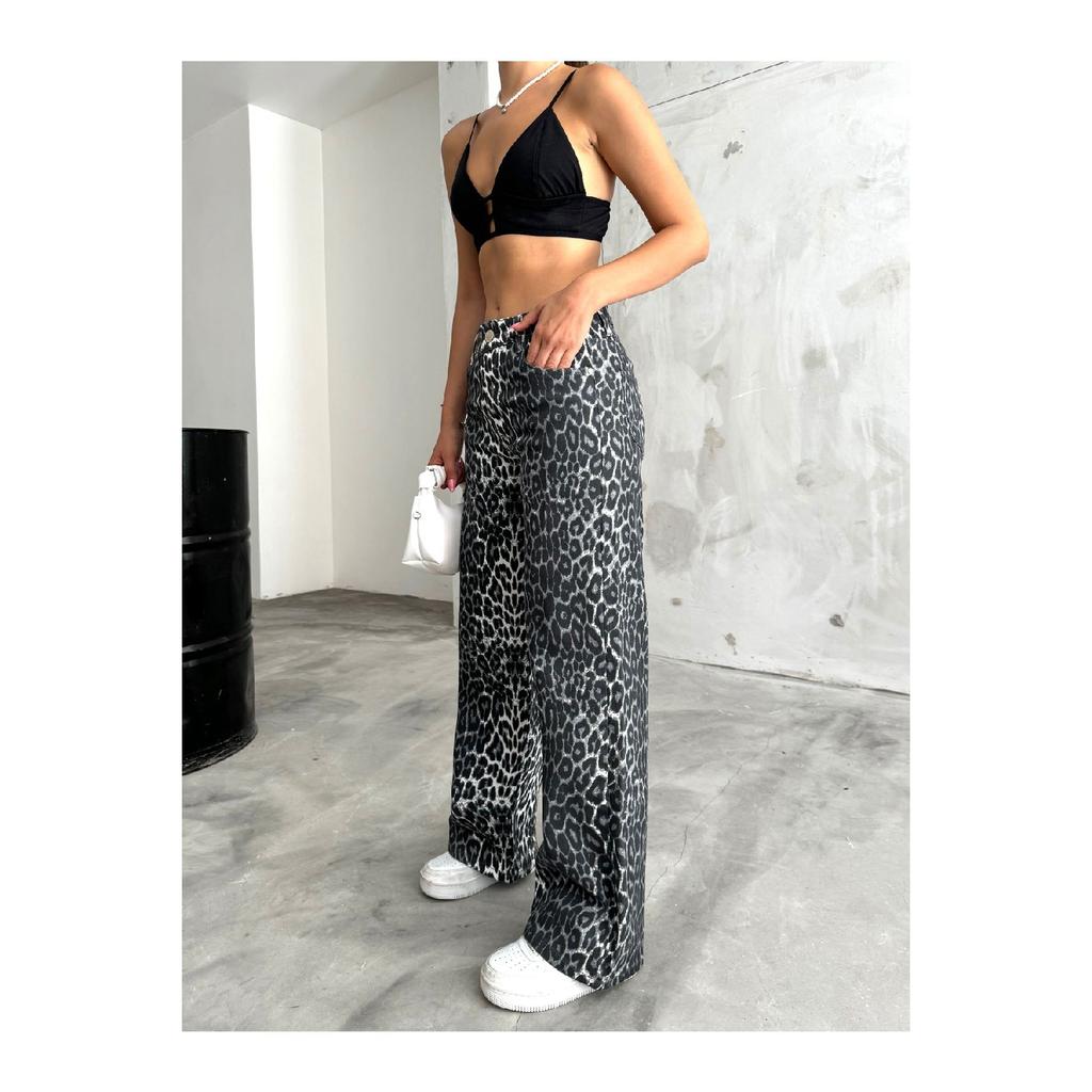 Women's Leopard Patterned High Waist Wide Leg Lycra Palazzo Pants