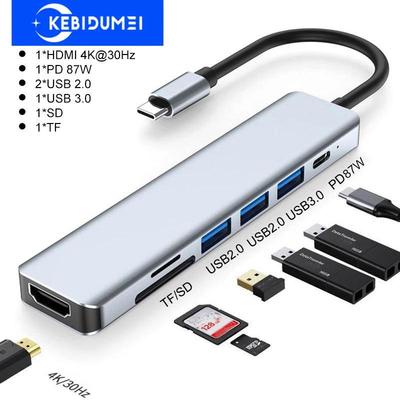 Концентратор USB C 7 в 1, совместимый с HDMI адаптер 4K, 30 Гц, PD, 87 Вт, разветвитель USB 3.0, устройство чтения карт памяти TF/SD, док-станция типа C для телефона/ПК/ноутбука