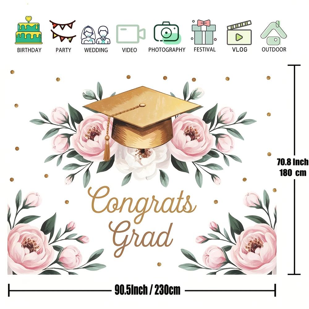 1 piece of polyester graduation flower background fabric, with pink flowers and green leaves - "Congratulations on Graduation"