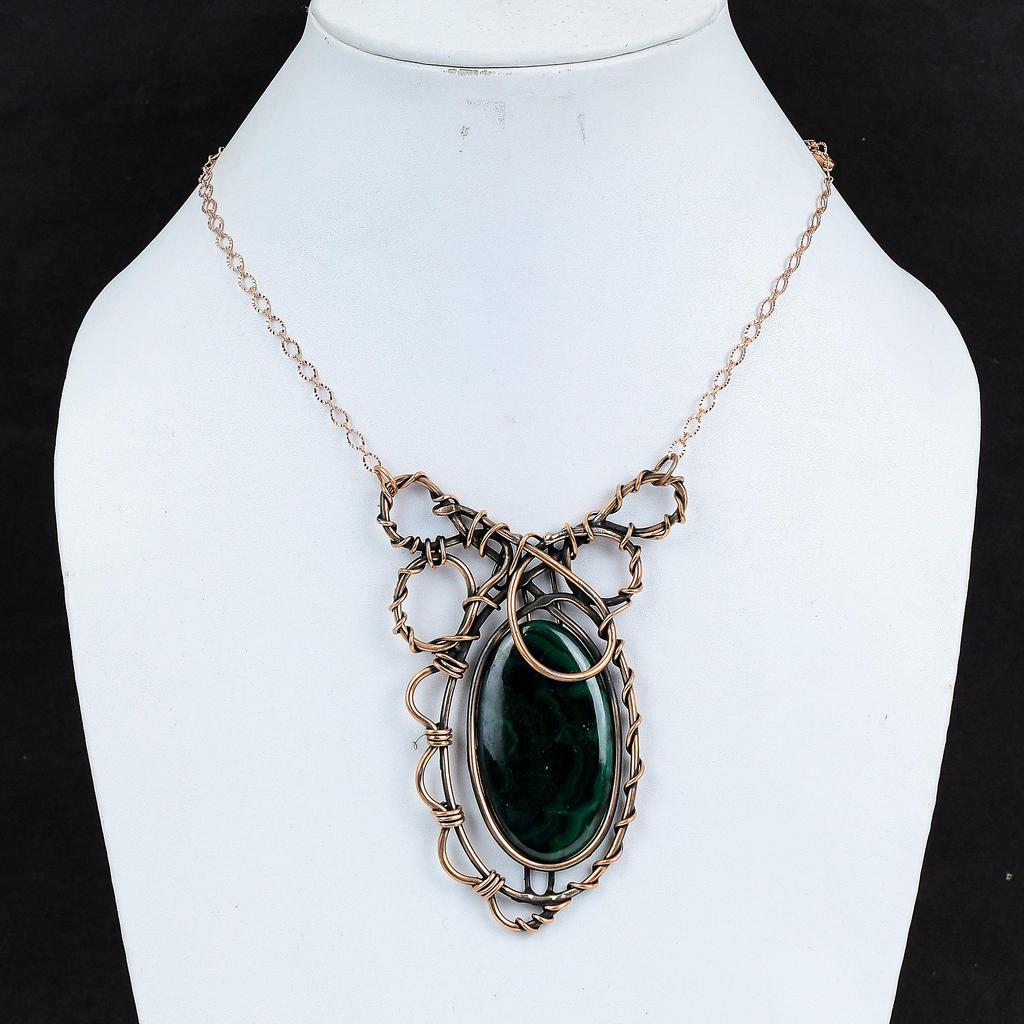 Малахитовое ожерелье, обернутое медной проволокой, ожерелье ручной работы, ювелирные изделия с проволочной обмоткой, регулируемое ожерелье, ювелирные изделия из медных драгоценных камней, свадебный подарок