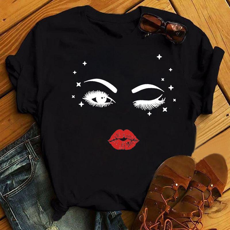 Women's Eyelash Print Loose Casual Simple Round Neck Pure Cotton Short Sleeved T-Shirts Lady Tees