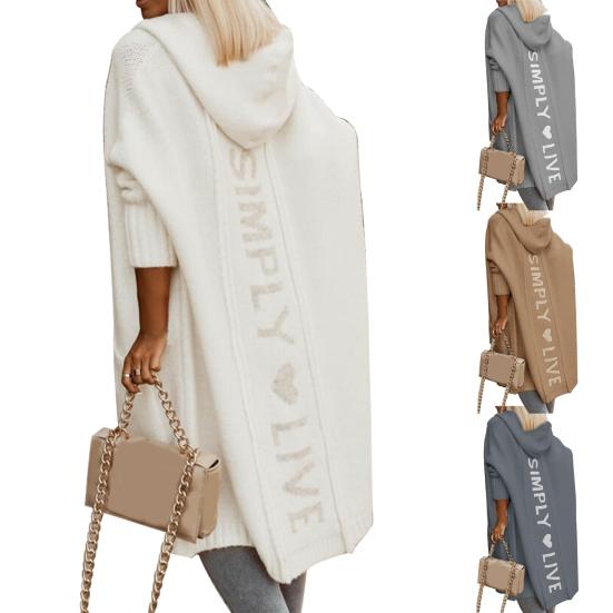 Women Open Stitch Coat Hooded Long Cardigan Sweater
