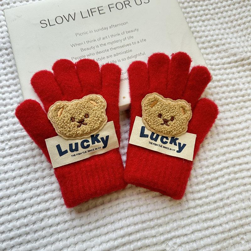 Детские перчатки на осень и зиму Lucky Bear, вязаные из шерсти, мультяшные, теплые и непродуваемые детские перчатки, перчатки с пятью пальцами
