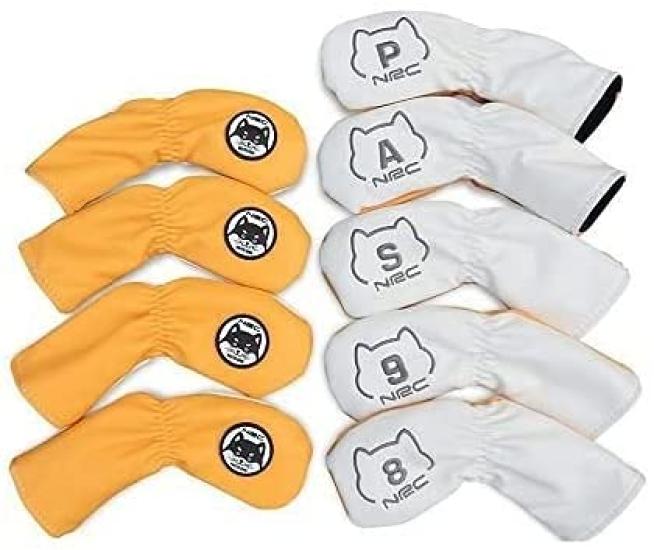 Golf Iron Cover Set with club number Akita Inu design (9 pieces) 4-9, Pw, Aw, Sw, labels. (Black)