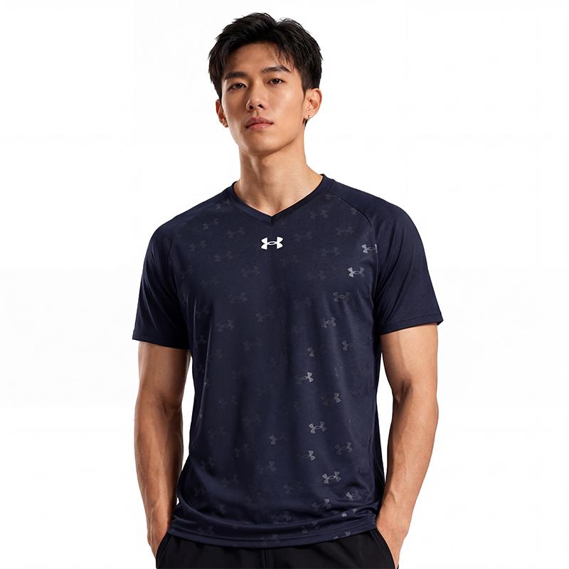 Under Armour Свободный крой с V-образным вырезом, быстросохнущая дышащая футболка с коротким рукавом, унисекс, топы, темно-синие 21500531-409